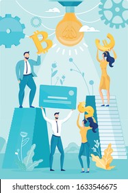 Different Financing and Investment Ways. Wire Money Transfer for Donation and Sponsorship. People Invest Dollars, Euro, Bitcoins Crypto Currency in New Project Startup. Vector Illustration