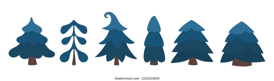 Different fir trees. Primitive blue Christmas trees of different shapes. Vector illustration set.