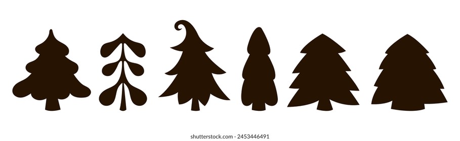 Different fir trees. Stencil, silhouette. Primitive Christmas trees of different shapes. Graphic element group. Vector illustration set.