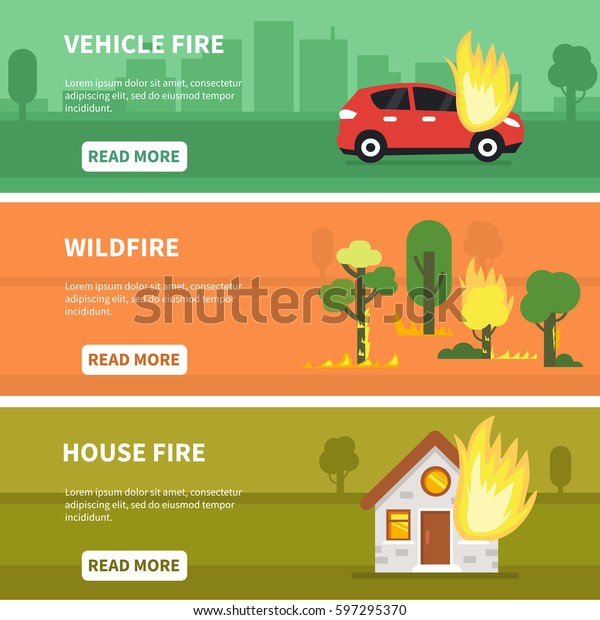 Different fire accidents banners\
collection. Vector\
illustration.\
