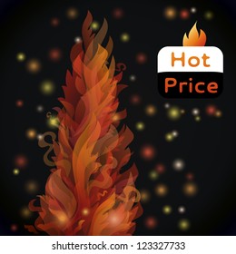 Different fire flames and lights on a black background and text 'Hot Price'. Vector illustration for your promotion design. Fiery picture of orange waves and curves. Easy to edit.
