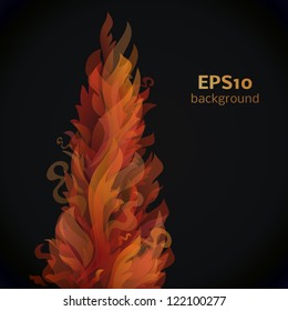 Different fire flames on a black background. Vector illustration for your ardent design. Fiery picture of orange waves and curves.