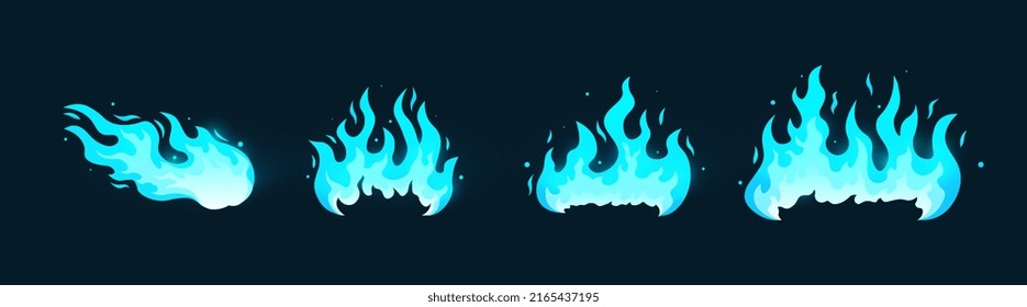 Different fire set. Blue flame collection, effects for games development, graphic elements for website. Hot spots and danger zone on map. Cartoon flat vector illustrations isolated on blue background