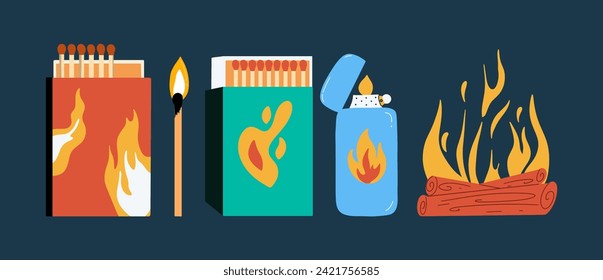 Different fire set. Lighter, matchbox, match. Flat vector illustration. 
