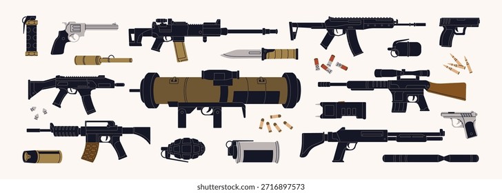 Armas de fogo e armamentos diferentes. Vários revólveres, rifles, armas, cartuchos, granadas e facas. Equipamento militar para tiro e guerra. Ilustrações de vetor isoladas planas sobre fundo branco