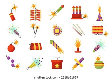 Cohetes de petardos o pirotécnicos diferentes. Equipo para el festival de fuegos artificiales o vacaciones. Fiesta de petardo para celebración. Caricatura de decoración festiva. Ilustración del vector