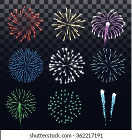 Different firework set. Holiday and celebration, party and carnival fireworks, vector illustration. Sparkling effect with realistic rockets bursting.