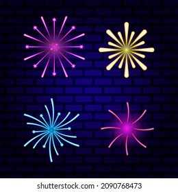 Different fireworks on a brick wall, neon effect. Vector illustration, flat color design, eps 10.