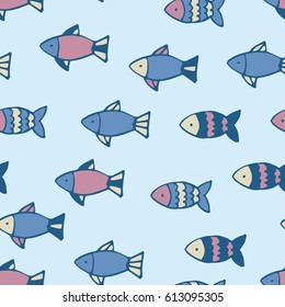 Different fish in blue and pink tones on a light blue background. Seamless vector pattern.