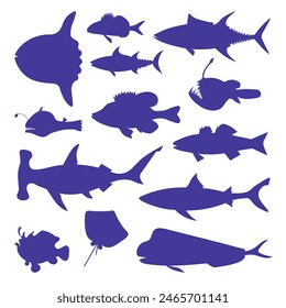 Different fish body shapes. Vector silhouette collection.