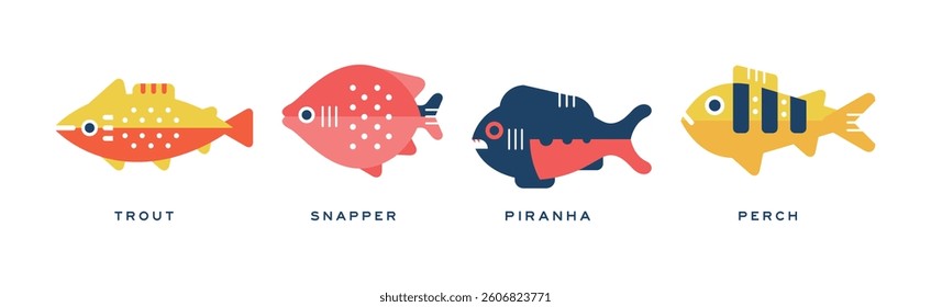 Different Fish Flat Icon with Name Vector Set