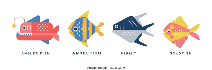 Different Fish Flat Icon with Name Vector Set