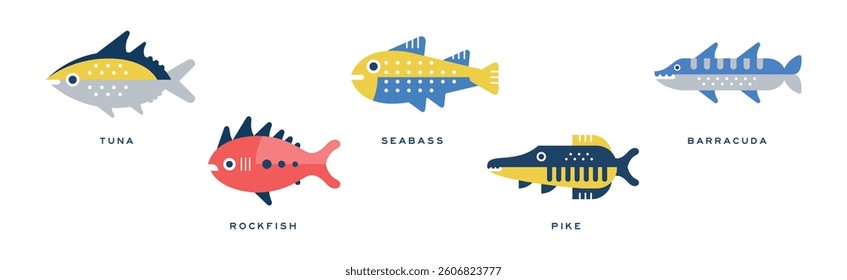 Different Fish Flat Icon with Name Vector Set