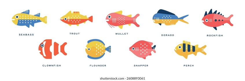 Different Fish Flat Icon with Name Vector Set