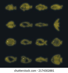 Different fish icons set. Illustration of 16 different fish vector icons neon color on black