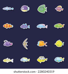 Different fish icons set stikers collection vector with shadow on purple background