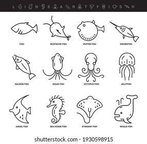 Different Fish line icon set. Such icons include the fish icon thin set. Editable line. Various Fish icon. Fish logo template. Fishing club or online web shop creative vector icon.