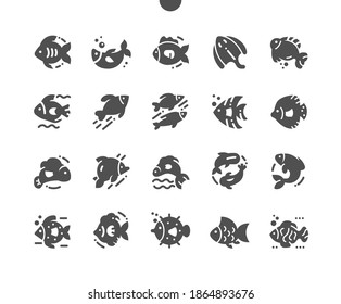 Different fish. Sea, oceanic and river fish. Aquatic animals with various fins, scales, tails and gills bathing in the water. Menu for restaurant and cafe. Vector Solid Icons. Simple Pictogram