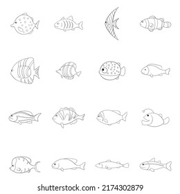 Different fish set icons in outline style isolated on white background