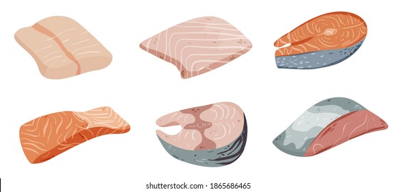 Different fishes and fillet set isolated on white vector illustration. Ocean, river fauna. Healthy diet food design element. Omega sources in cartoon style.
