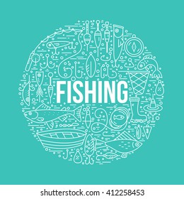 Different fishing elements arranged in a circle with sign fishing in the middle. Vector line art. Fishing shop design element.