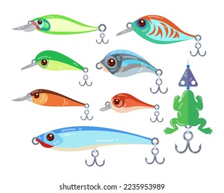 Se establecen diferentes ilustraciones vectoriales de lúpulos y cebos de pesca. Colección de dibujos de dibujos animados de gamberros, peces plásticos y ranas con anzuelos de pescado aislados en fondo blanco. Pesca, concepto de hobby