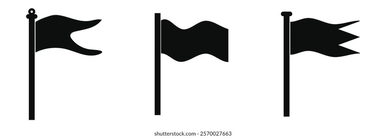 Different flag icons set. Black flags icons and pennants signs isolated on white background for infographic. Eps 10.