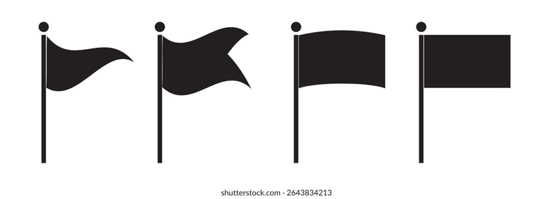 Different flag icons set. Black flags icons and pennants signs isolated on white background for infographic. Black flags silhouettes icons Vector illustration