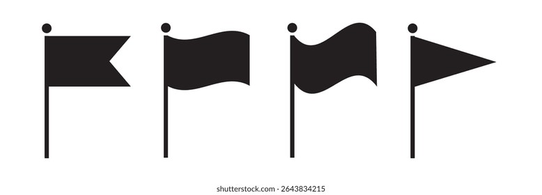 Conjunto de iconos de bandera diferentes. Iconos de banderas negras y banderines aislados sobre fondo blanco para infografía. Banderas negras siluetas iconos Ilustración vectorial