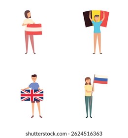 Diferentes iconos de la bandera establecen el Vector de dibujos animados. Adolescente con bandera nacional. Solidaridad, unidad