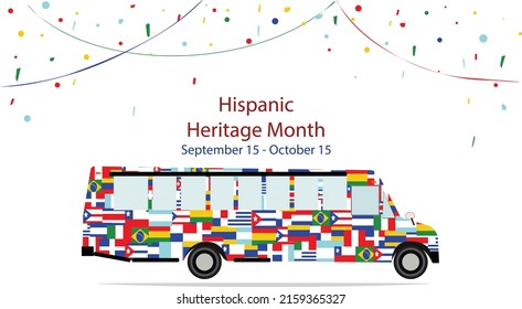 Different Flags of America on silhouette school bus with confetti, vector web banner, poster, design. Cultural and ethnic diversity. National Hispanic Heritage Month.