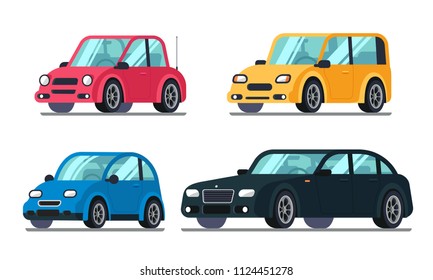 Different flat cars. Cheap motor car on wheels, family hybrid sedan passenger suv luxury premium vehicle automobile colorful cartoon collection vector illustration isolated icon