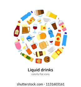 Different flat colorful liquid drinks composed in circle shape with text.