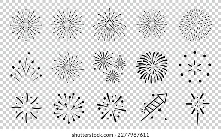 Different Flat Firework Icons Set - Vector Illustrations Isolated On Transparent Background