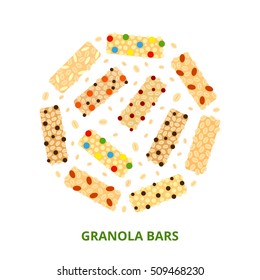 Different flat granola bars composed in circle shape on white background.