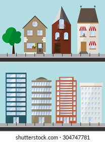 Different flat houses and buildings in different shapes and sizes. Vector and illustration design.