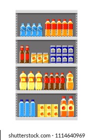 Different flat liquid drinks on supermarket shelf isolated on white background.