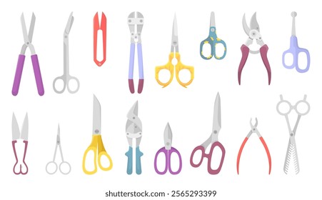 Different flat scissors. Isolated scissor and nippers, cutting equipment. Tools for workshop, cut equipment for carton paper fabric, neoteric vector set