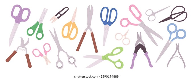 Different flat scissors. Nippers and scissors cartoon icons, cutting equipment for manicure, pedicure, cut paper, fabric or food. Stationery racy vector set