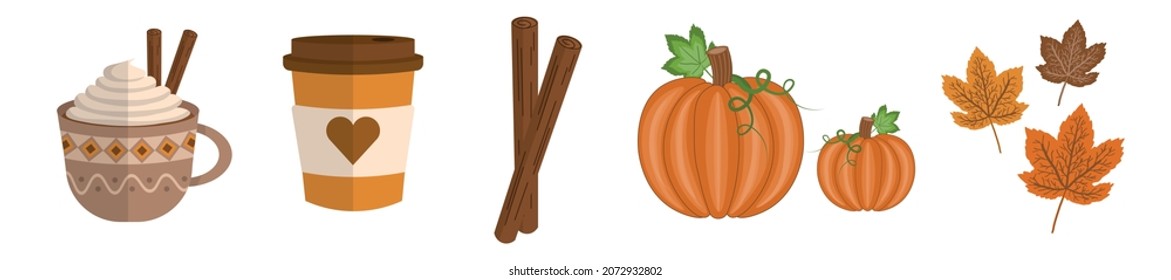 Different Flavor Hot Drinks Set Autumn Concept Vector Design  Elements Isolated on White Background Take away coffee cup, Cinnamon sticks Cinnamon Flavor Coffee Mug with Cream Pumpkins and Fall Leaves