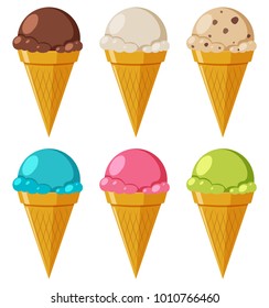 Different flavor icecream in cone illustration