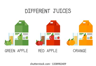 Different flavored juices with glass, green apple, red apple and orange.