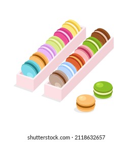 Different flavors and colors macarons in carton packaging or boxes. Traditional french almond cookies in trendy flat style. Vector illustration isolated on white background.