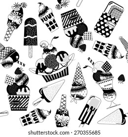 Different flavors of ice cream. Black and white. Seamless background pattern. Vector illustration.