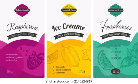 Different flavors of ice cream, tropical fruits and raspberries. Homemade production and natural ingredients, non gmo and gluten free. Gourmet and summer refreshment, labels set. Vector in flat