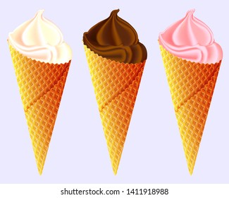 Different flavors of Ice Cream in a waffle cone isolated on white background. Creamy, chocolate and berry or fruit topping. Vector illustration.