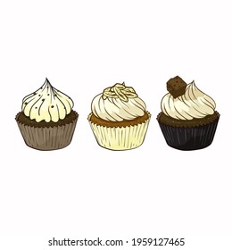 Different flavors isolated set of cupcakes. Chocolate cupcakes. Vector 