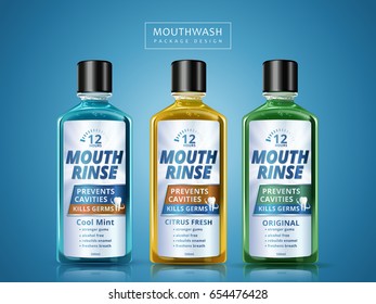 different flavors of mouth rinse, package design, 3d illustration