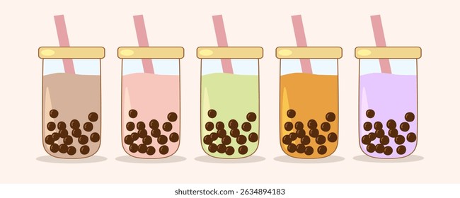 Different flavors of refreshing bubble tea showing tapioca pearls and straws in takeaway cups