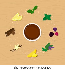 Different flavors of tea. Lemon, mint, vanilla, herbs, fruits, berries, spices. Top view.